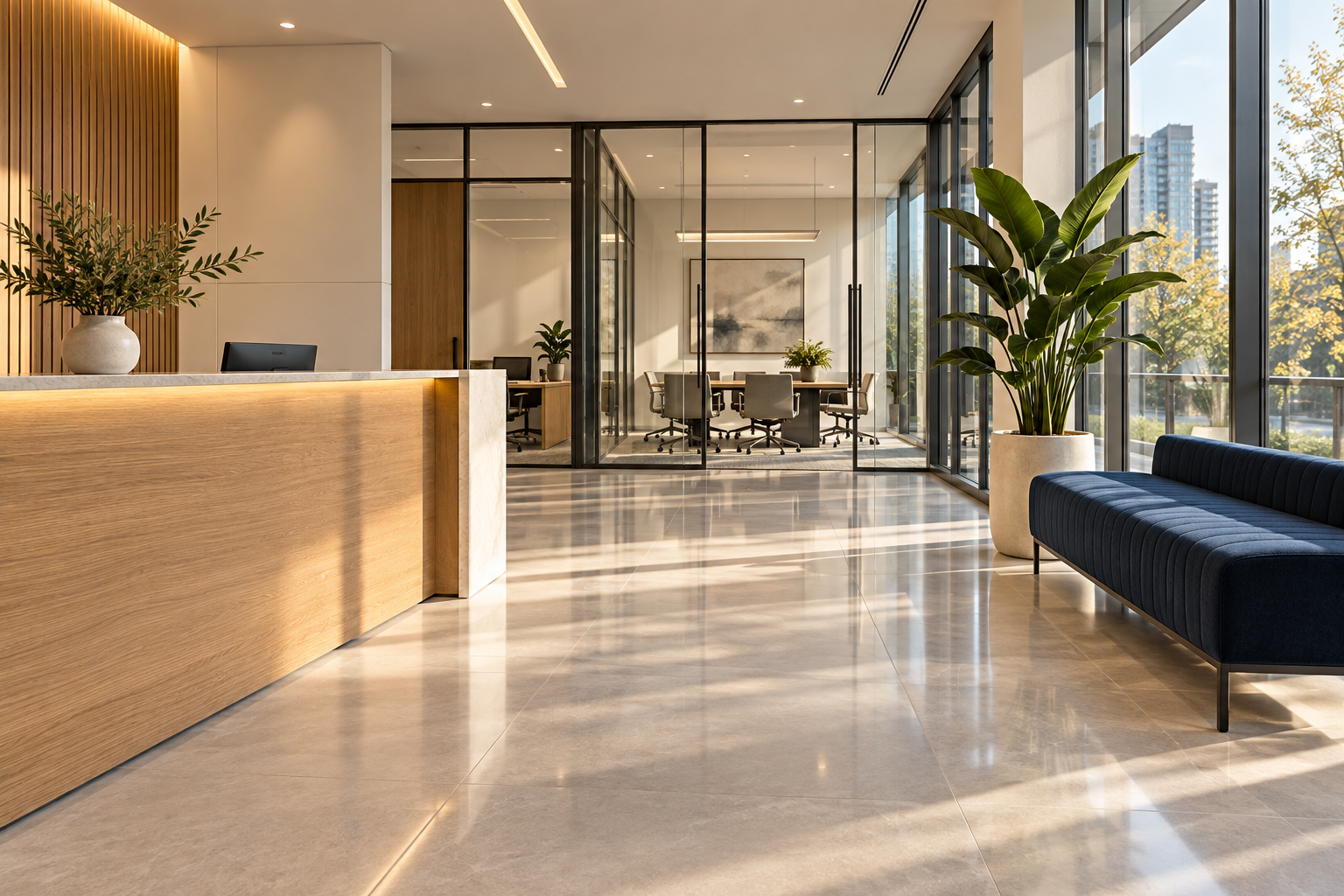 Illustrative modern office reception with clean floors and glass partitions